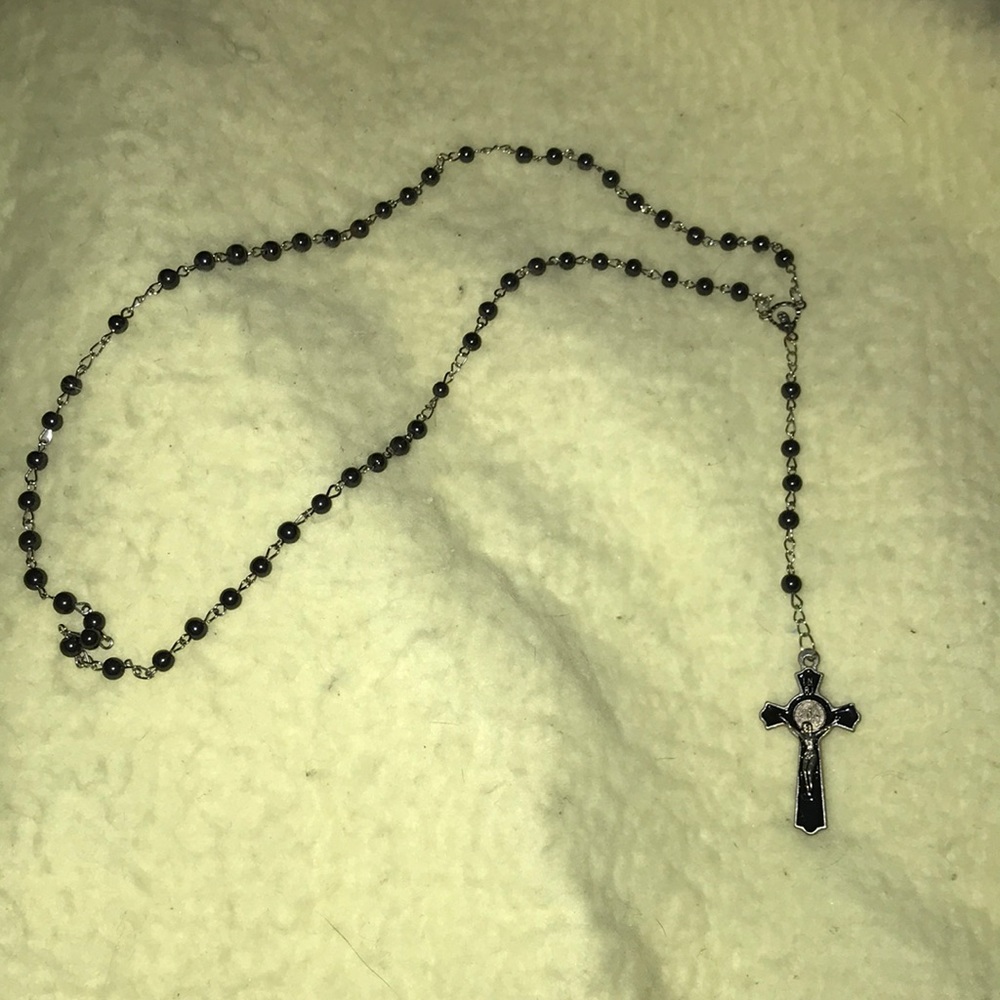 Brand new, Black beaded Virgin Mary rosary